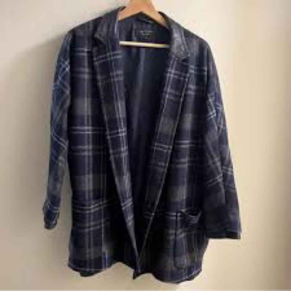 Rag &‎ Bone wool tartan with leather trim cocoon plaid coat jacket grunge blazer